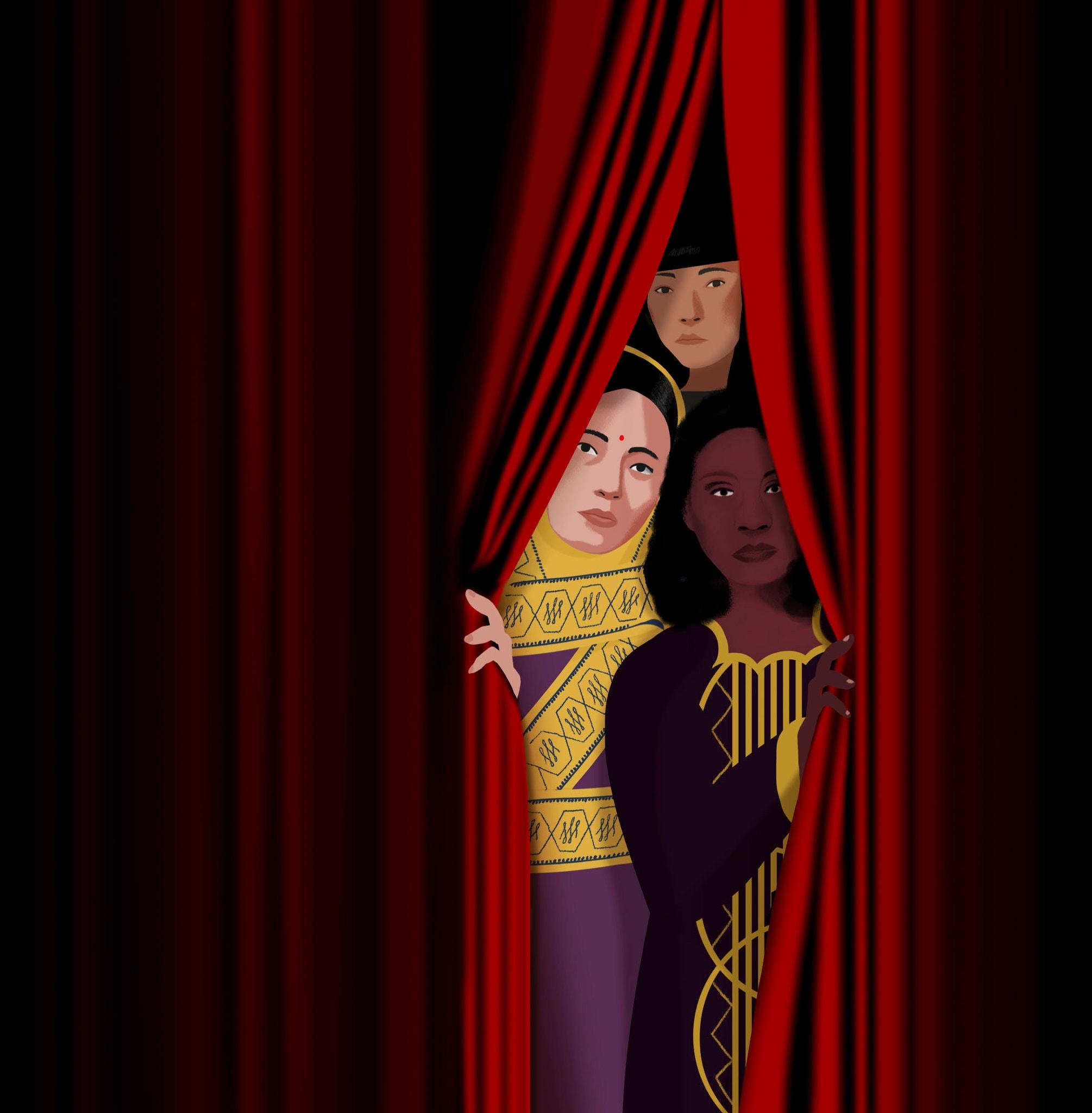 Trois femmes debout derrière un rideau rouge partiellement ouvert