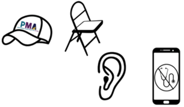 Icônes en noir et blanc représentant une casquette avec le logo PMA, une chaise pliante, une oreille et une tablette. Sur l'écran de la tablette figure un stéthoscope dans un cercle traversé par une ligne.
