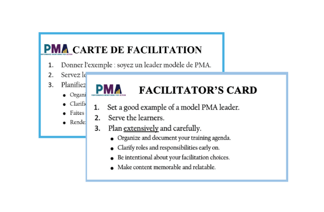 Rectangle blanc avec un texte noir et le logo PMA dans le coin supérieur droit. Le texte noir indique "Carte du facilitateur" et énumère les trois premiers conseils de la carte.