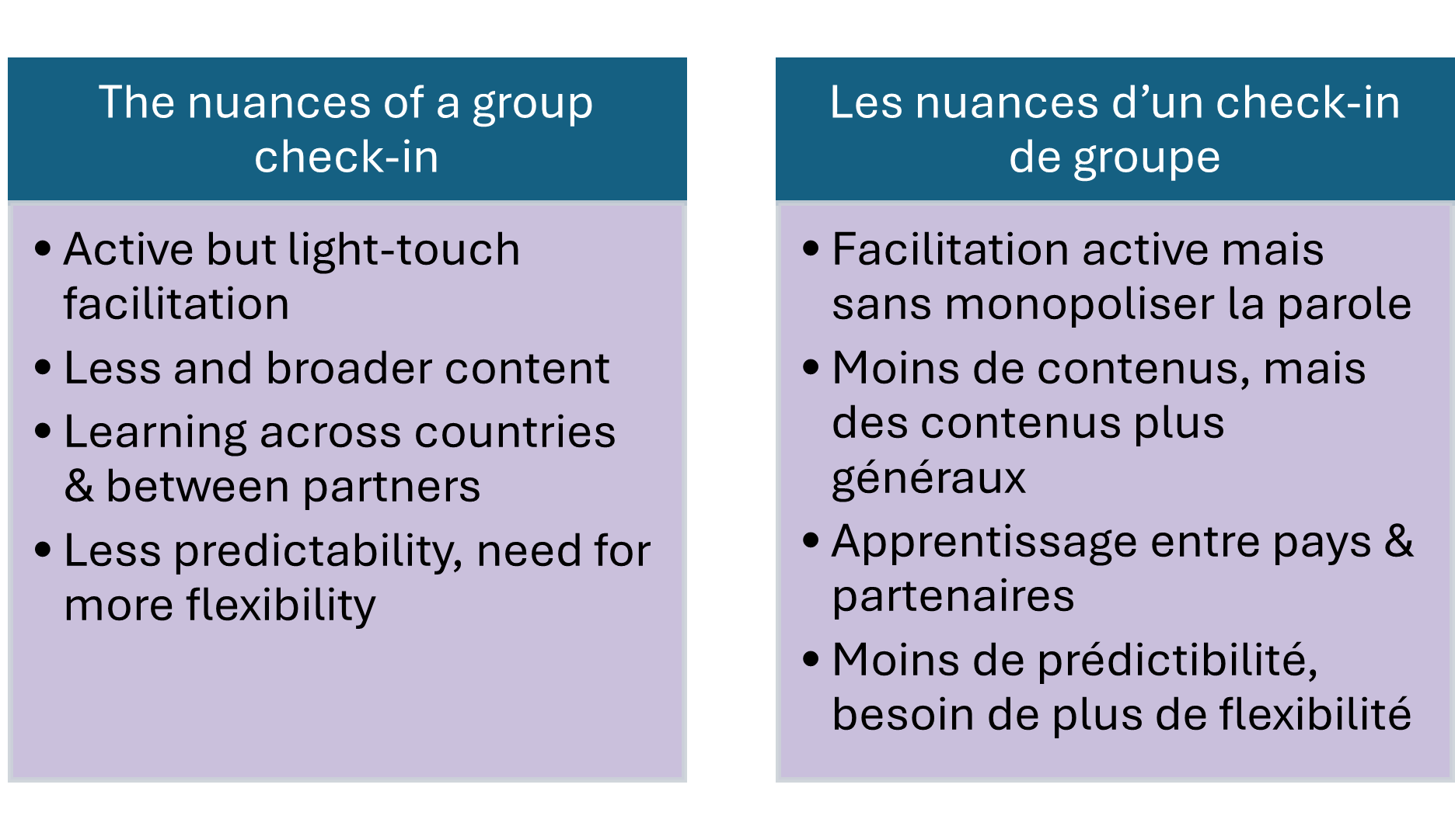 Deux boîtes colorées côte à côte avec des textes en anglais et en français 