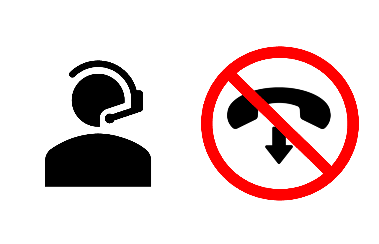 À gauche, l'icône en noir et blanc d'une personne avec un casque. À droite, l'icône d'un téléphone raccroché entouré d'un cercle rouge traversé par une ligne.
