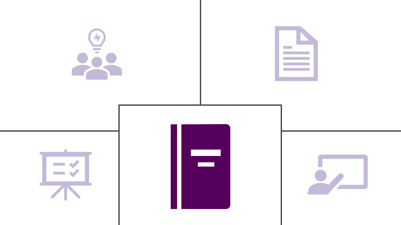 Carnet de notes violet dans une boîte centrale entourée de 4 boîtes contenant des icônes d'un papier, une personne présentant un tableau, un groupe de 3 personnes avec une ampoule d'idée et une présentation sur un tableau.